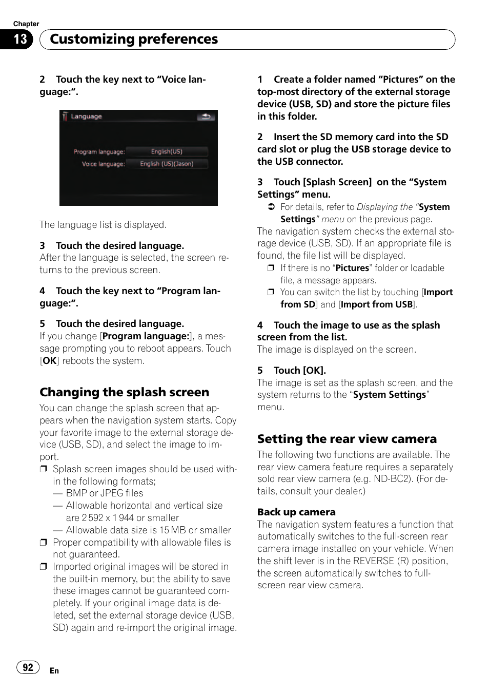 Changing the splash screen 92, Setting the rear view camera 92, Setting the rear view | Customizing preferences, Changing the splash screen, Setting the rear view camera | Pioneer AVIC F500BT User Manual | Page 92 / 129