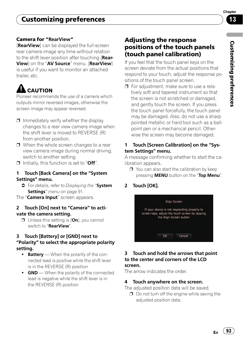 Adjusting the response positions of the, Touch panels (touch panel calibration), Customizing preferences | Pioneer AVIC F500BT User Manual | Page 93 / 129