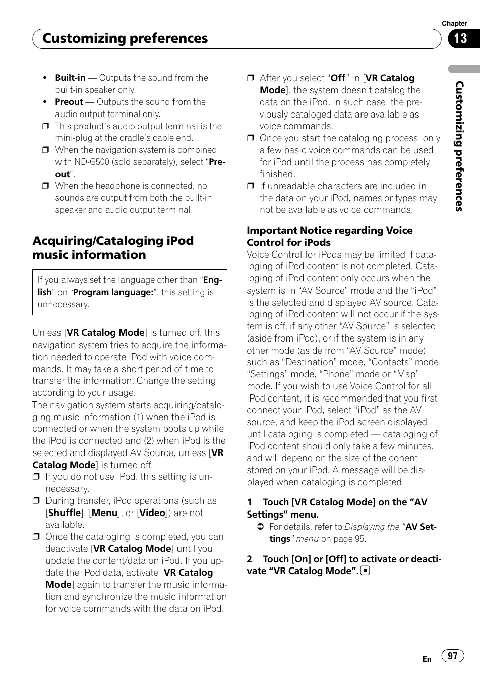 Acquiring/cataloging ipod music, Information, Customizing preferences | Acquiring/cataloging ipod music information | Pioneer AVIC F500BT User Manual | Page 97 / 129