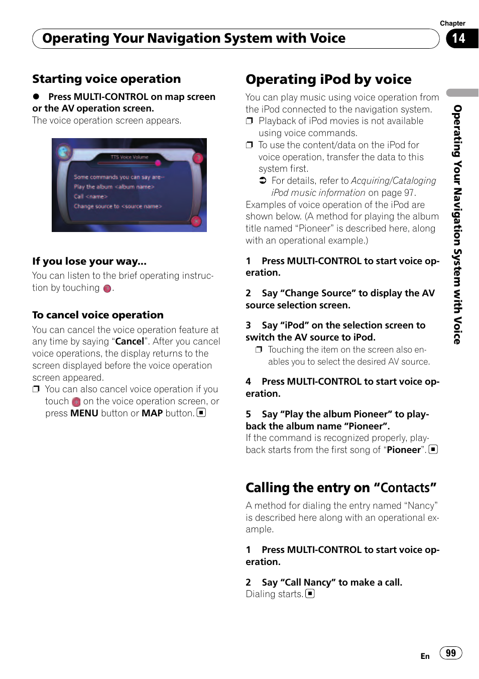 Starting voice operation 99, Operating ipod by voice, Calling the entry on | Contacts” 99, Calling the entry on “contacts, Operating your navigation system with voice | Pioneer AVIC F500BT User Manual | Page 99 / 129