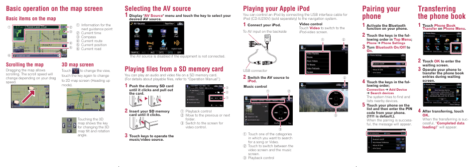 Pairing your phone, Transferring the phone book, Basic operation on the map screen | Playing your apple ipod, Selecting the av source, Basic items on the map, Scrolling the map, 3d map screen | Pioneer AVIC-X910BT User Manual | Page 2 / 2