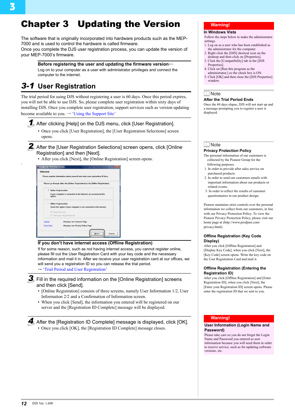 Chapter 3 updating the version, 1 user registration, User registration | Pioneer MEP-7000 User Manual | Page 12 / 16
