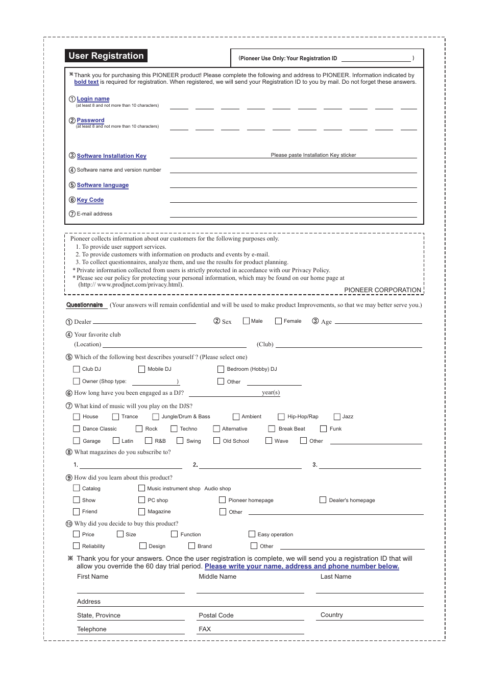 User registration card, User registration | Pioneer MEP-7000 User Manual | Page 16 / 16