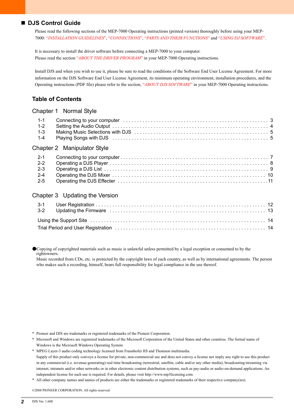 Djs control guide, Table of contents chapter 1 normal style, Chapter 2 manipulator style | Chapter 3 updating the version | Pioneer MEP-7000 User Manual | Page 2 / 16
