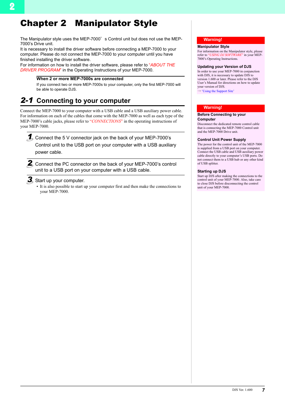 Chapter 2 manipulator style, 1 connecting to your computer, Connecting to your computer | Pioneer MEP-7000 User Manual | Page 7 / 16