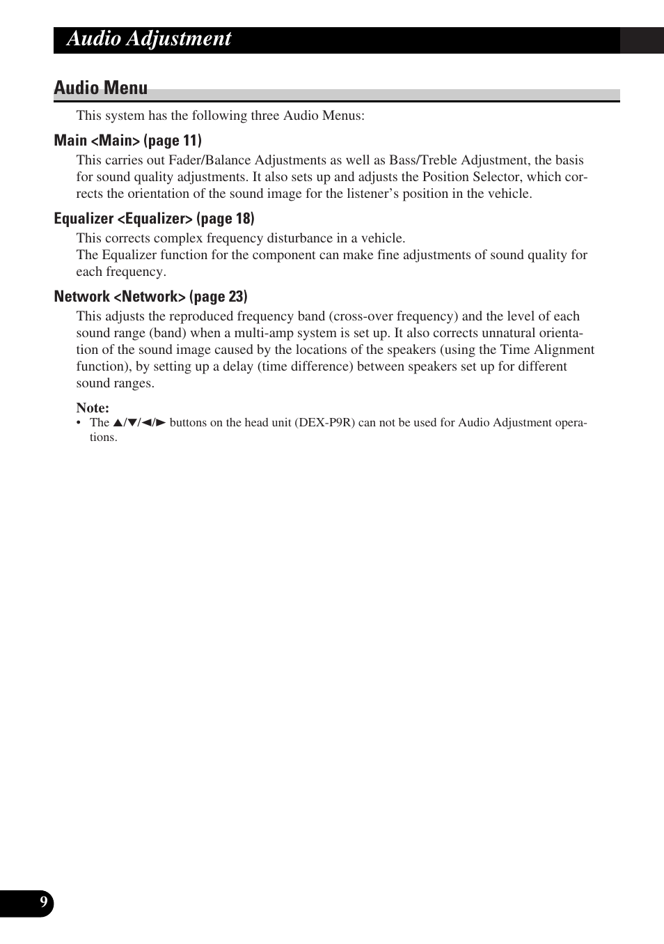 Audio adjustment, Audio menu | Pioneer DEQ-P9 User Manual | Page 10 / 60