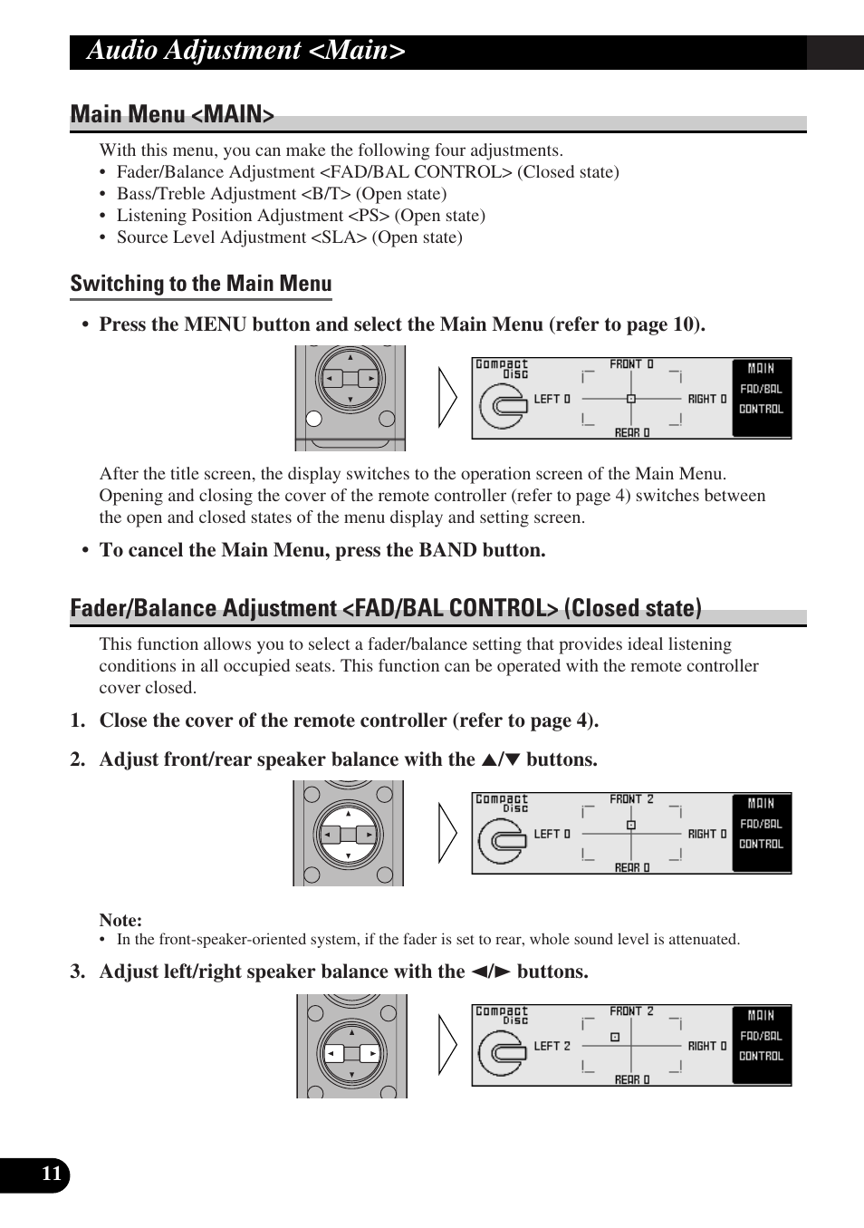 Audio adjustment <main, Main menu, Switching to the main menu | Fader/balance adjustment, Main menu <main | Pioneer DEQ-P9 User Manual | Page 12 / 60