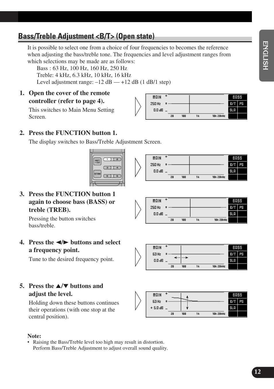 Bass/treble adjustment, Bass/treble adjustment <b/t> (open state) | Pioneer DEQ-P9 User Manual | Page 13 / 60