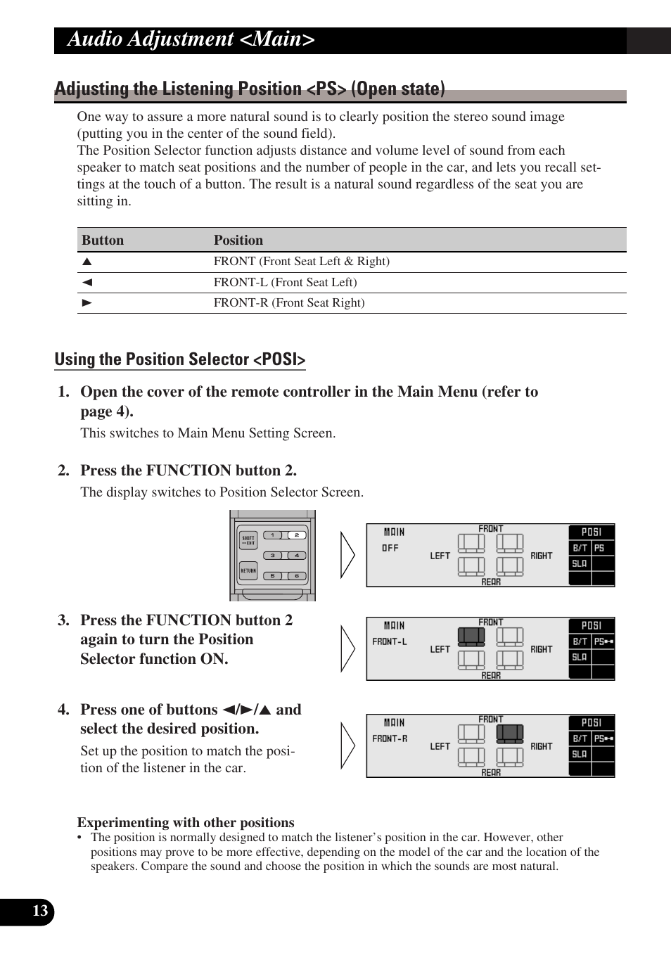 Adjusting the listening position, Using the position selector, Audio adjustment <main | Adjusting the listening position <ps> (open state), Using the position selector <posi | Pioneer DEQ-P9 User Manual | Page 14 / 60