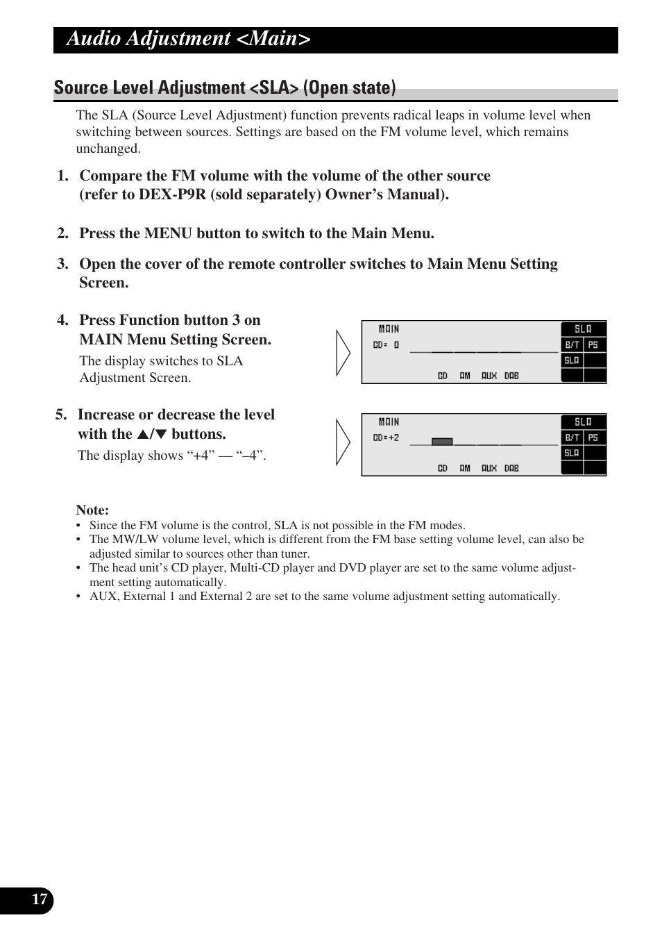 Source level adjustment, Audio adjustment <main, Source level adjustment <sla> (open state) | Pioneer DEQ-P9 User Manual | Page 18 / 60