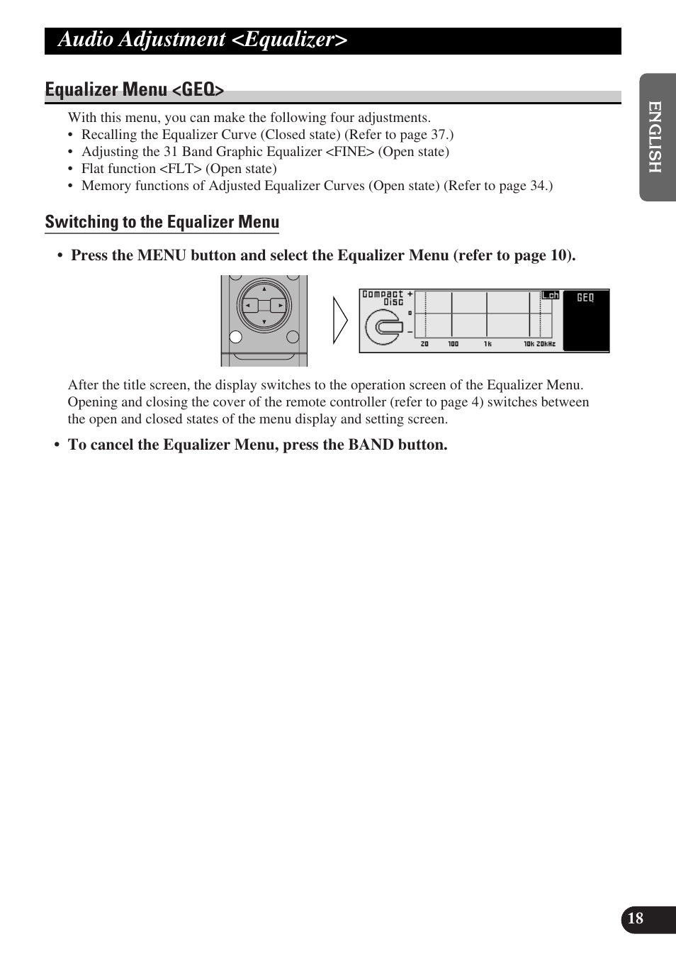 Audio adjustment <equalizer, Equalizer menu, Switching to the equalizer menu | Equalizer menu <geq | Pioneer DEQ-P9 User Manual | Page 19 / 60