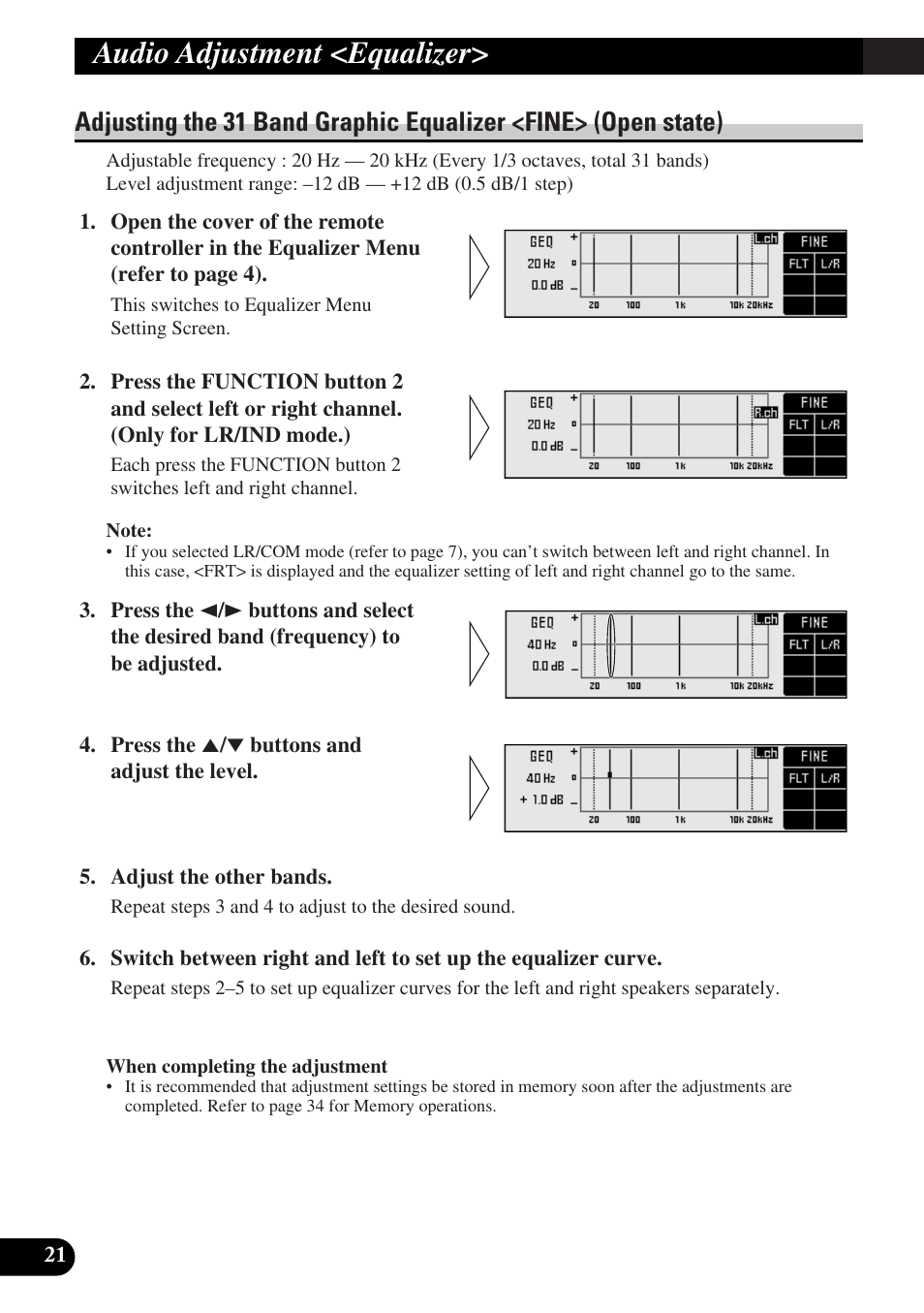 Adjusting the 31 band graphic equalizer, Audio adjustment <equalizer | Pioneer DEQ-P9 User Manual | Page 22 / 60