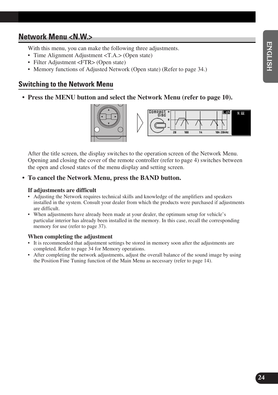 Network menu, Switching to the network menu, Network menu <n.w | Pioneer DEQ-P9 User Manual | Page 25 / 60