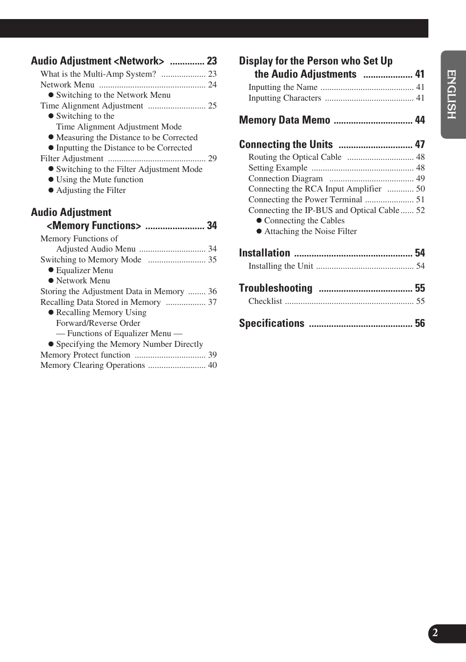 Audio adjustment <network, Installation, Troubleshooting | Pioneer DEQ-P9 User Manual | Page 3 / 60