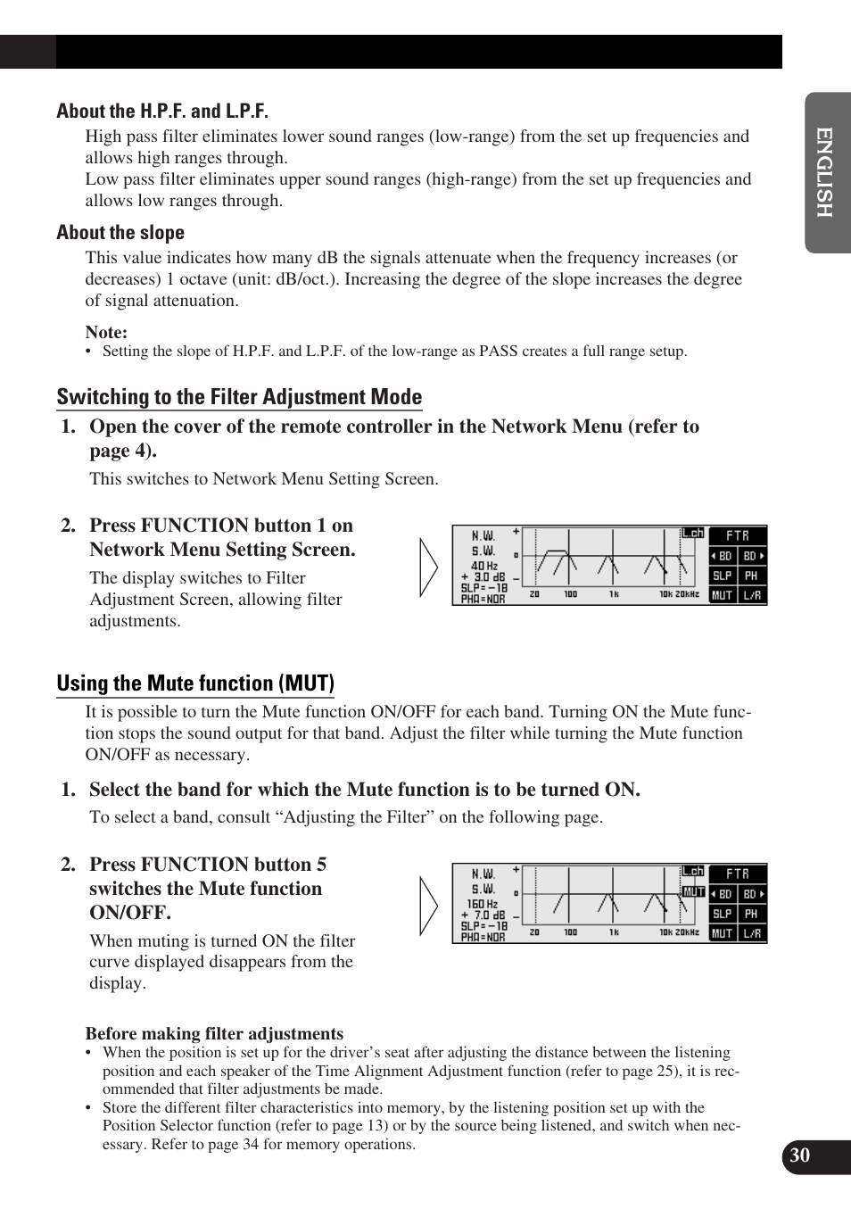Switching to the filter adjustment mode, Using the mute function | Pioneer DEQ-P9 User Manual | Page 31 / 60
