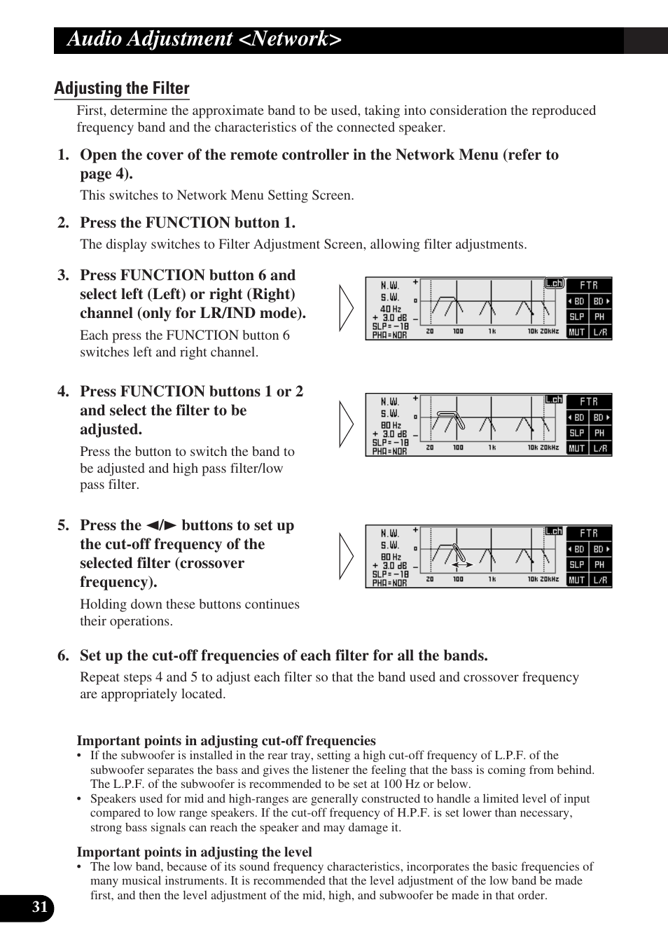 Adjusting the filter, Audio adjustment <network | Pioneer DEQ-P9 User Manual | Page 32 / 60