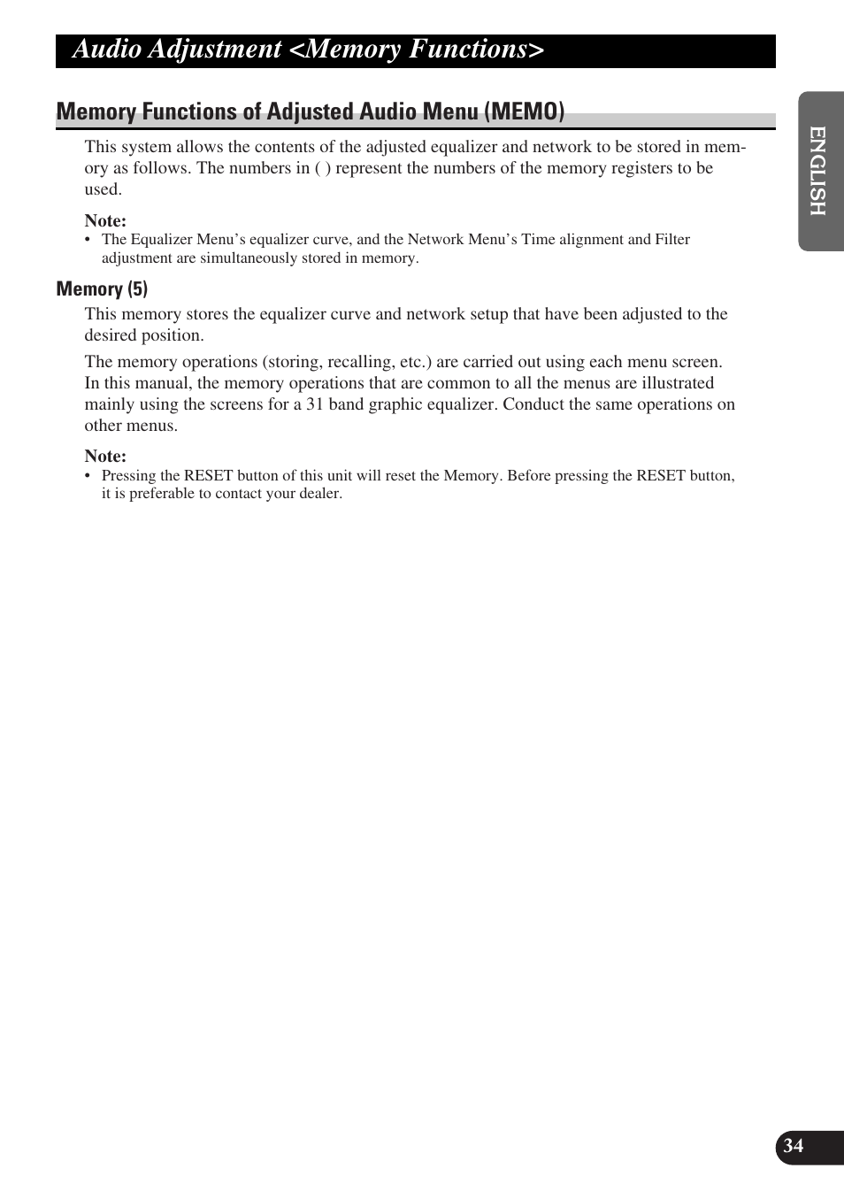 Audio adjustment, Memory functions, Memory functions of | Adjusted audio menu | Pioneer DEQ-P9 User Manual | Page 35 / 60