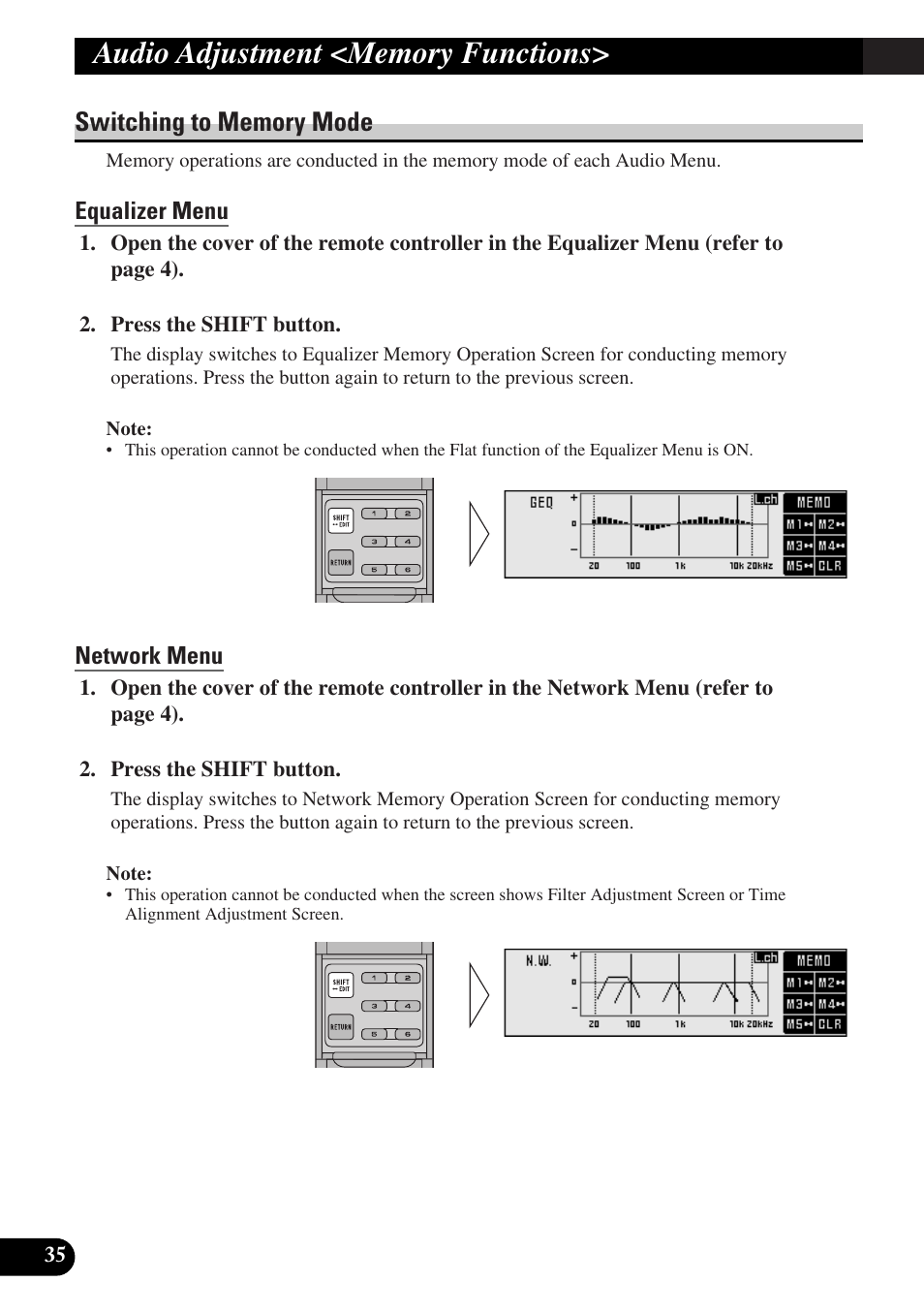 Switching to memory mode, Equalizer menu, Network menu | Pioneer DEQ-P9 User Manual | Page 36 / 60