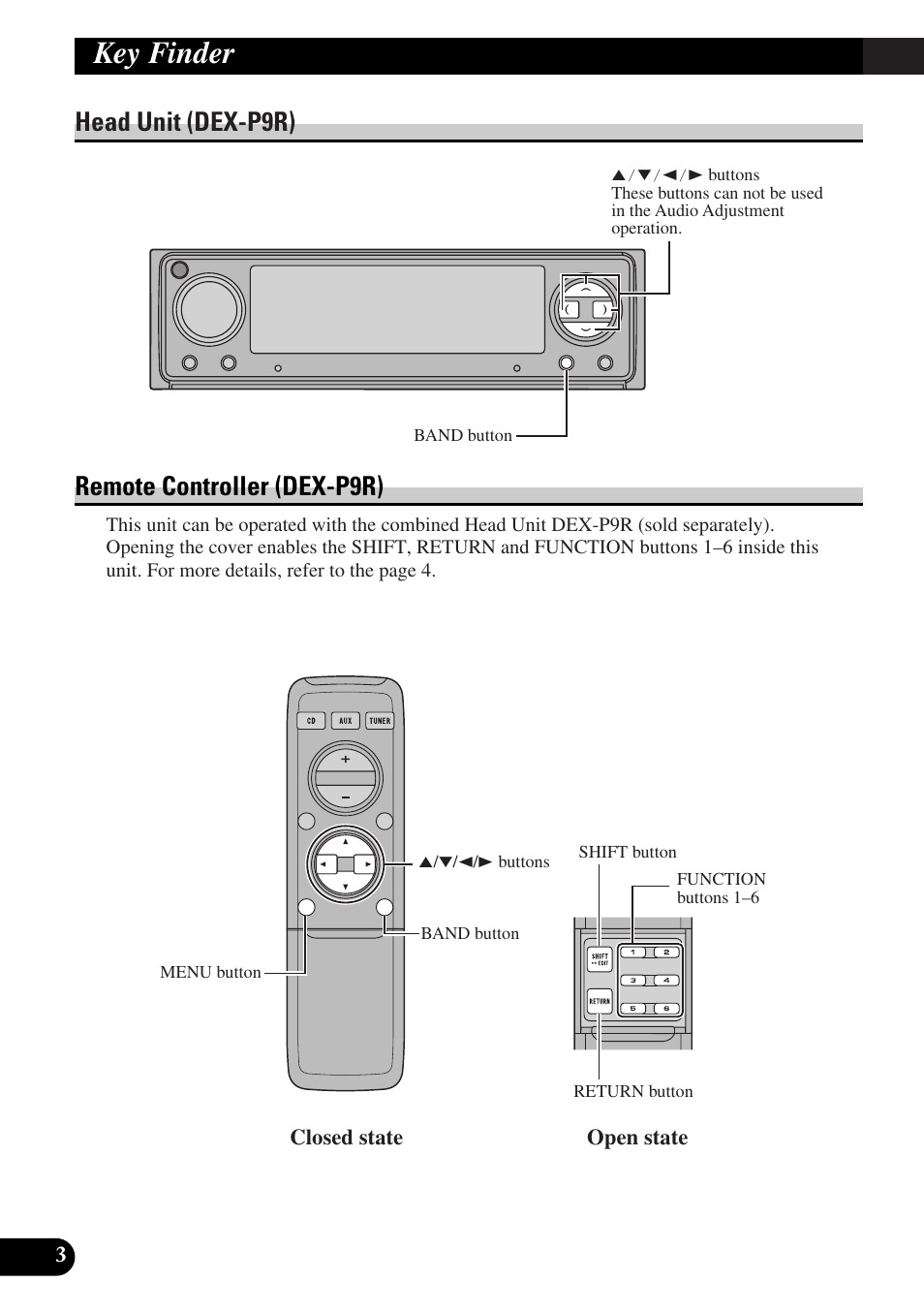 Key finder, Head unit (dex-p9r) remote controller (dex-p9r) | Pioneer DEQ-P9 User Manual | Page 4 / 60