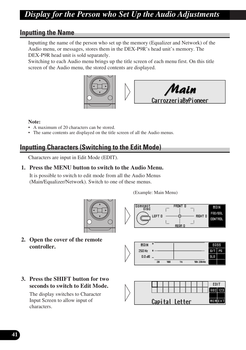 Display for the person who set up, The audio adjustments, Inputting the name inputting characters | Inputting the name, Inputting characters (switching to the edit mode) | Pioneer DEQ-P9 User Manual | Page 42 / 60