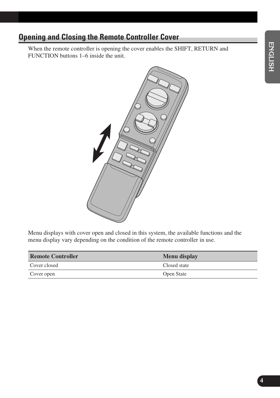 Opening and closing, The remote controller cover, Opening and closing the remote controller cover | Pioneer DEQ-P9 User Manual | Page 5 / 60