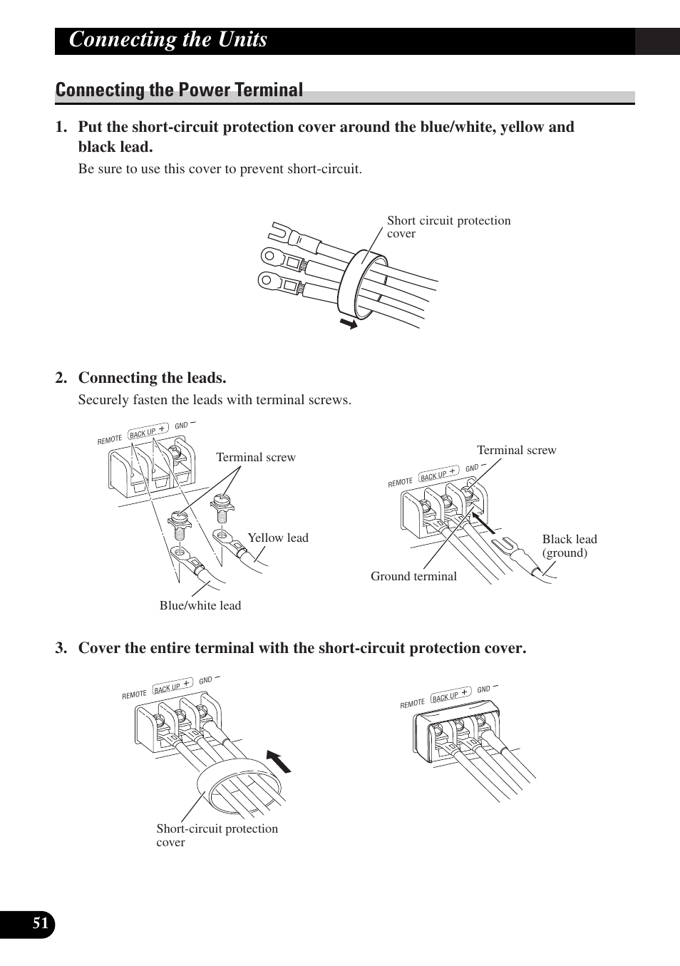 Connecting the power terminal, Connecting the units, Connecting the leads | Be sure to use this cover to prevent short-circuit, Securely fasten the leads with terminal screws | Pioneer DEQ-P9 User Manual | Page 52 / 60