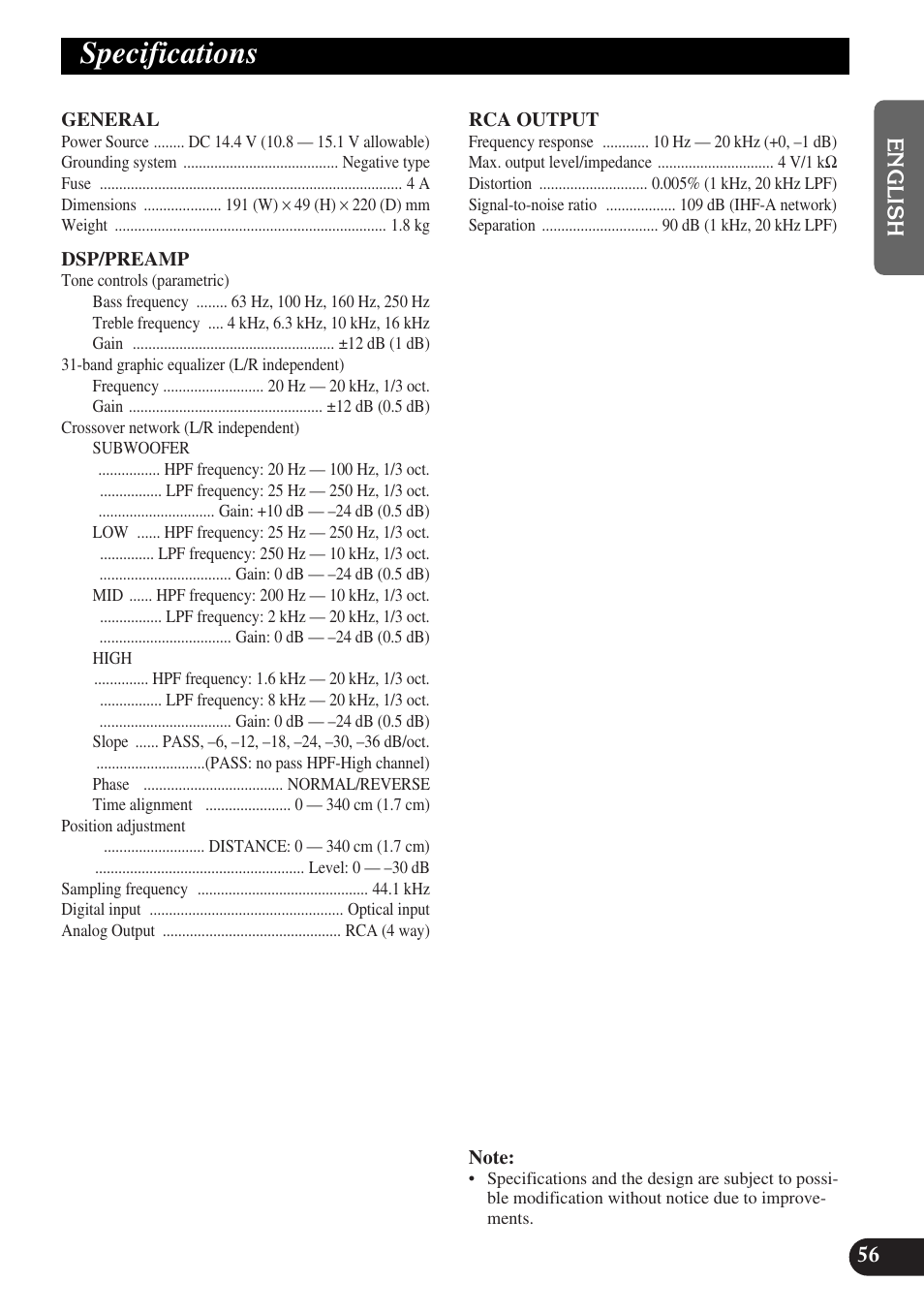 Specifications | Pioneer DEQ-P9 User Manual | Page 57 / 60