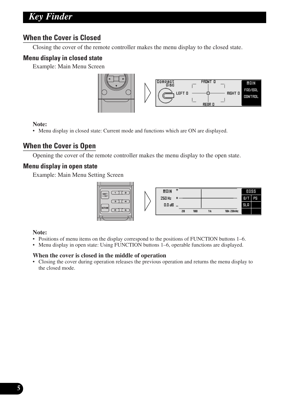 When the cover is closed, When the cover is open, Key finder | Pioneer DEQ-P9 User Manual | Page 6 / 60