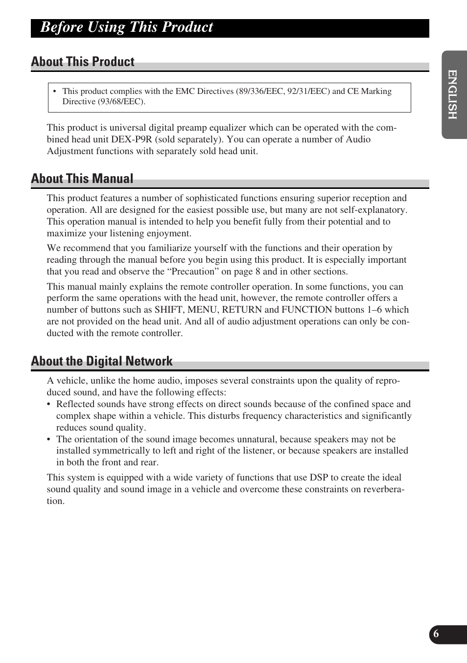 Before using this product, About this product, About this manual | About the digital network | Pioneer DEQ-P9 User Manual | Page 7 / 60