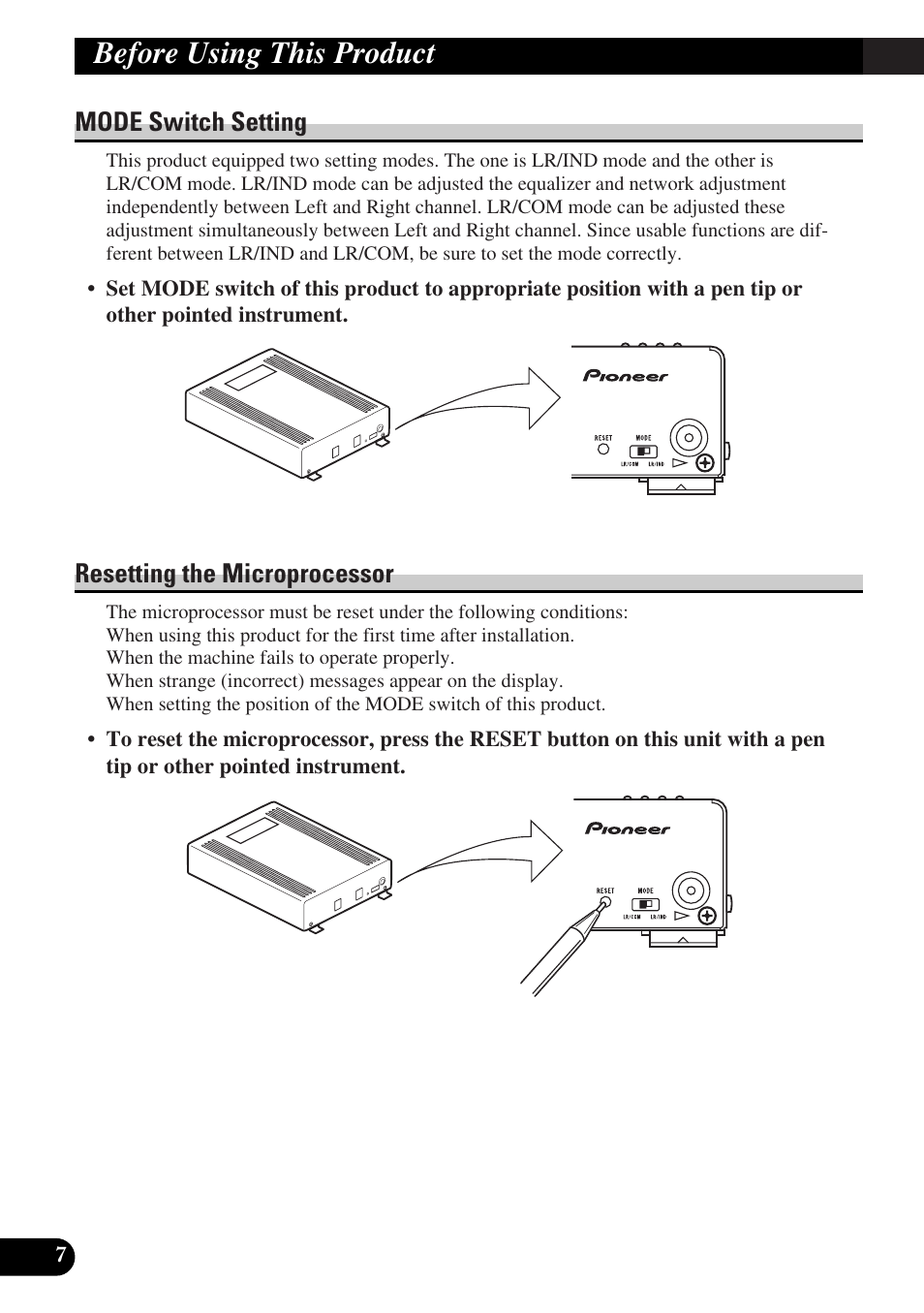 Mode switch setting resetting the microprocessor, Before using this product, Mode switch setting | Resetting the microprocessor | Pioneer DEQ-P9 User Manual | Page 8 / 60