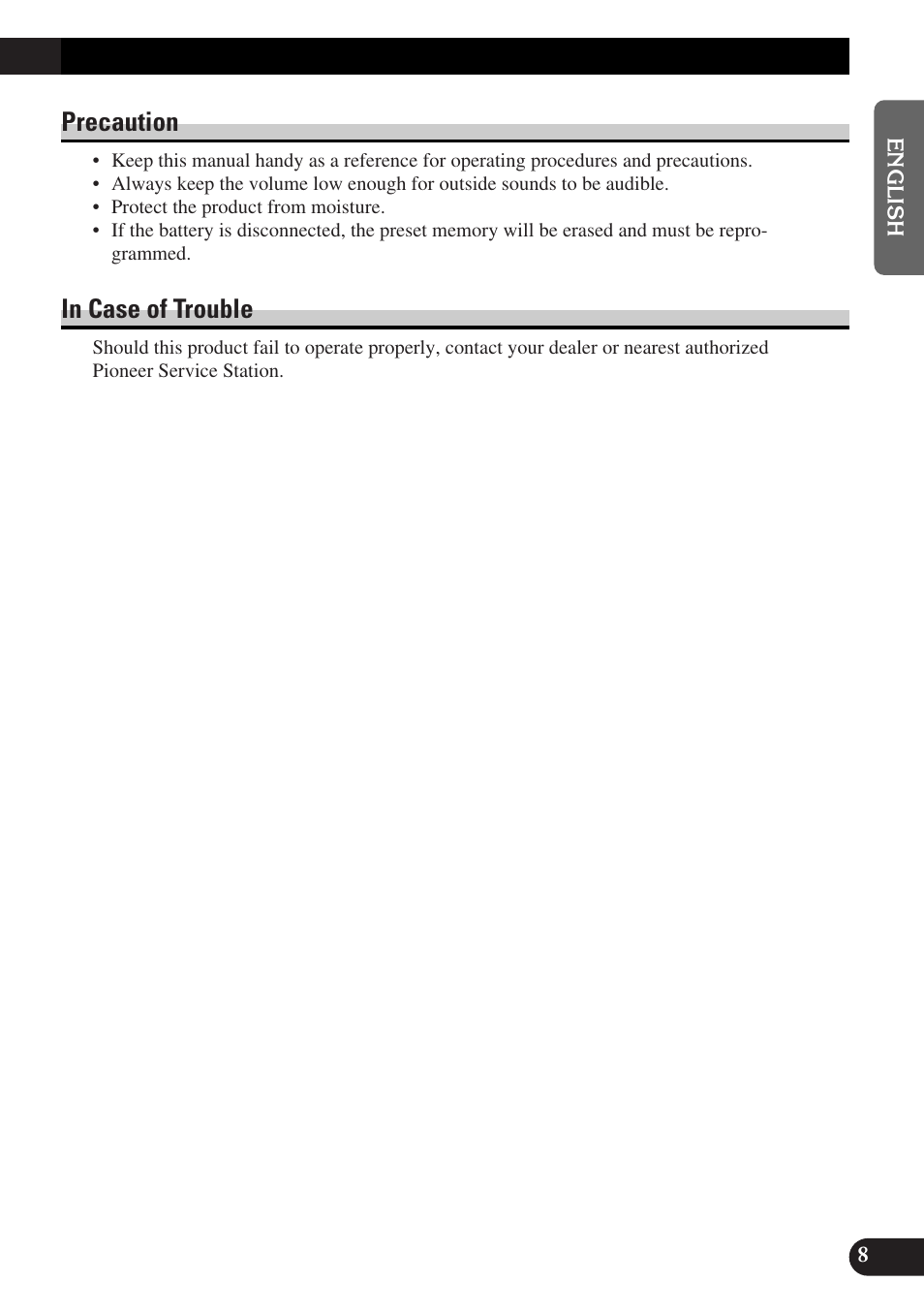 Precaution in case of trouble, Precaution | Pioneer DEQ-P9 User Manual | Page 9 / 60