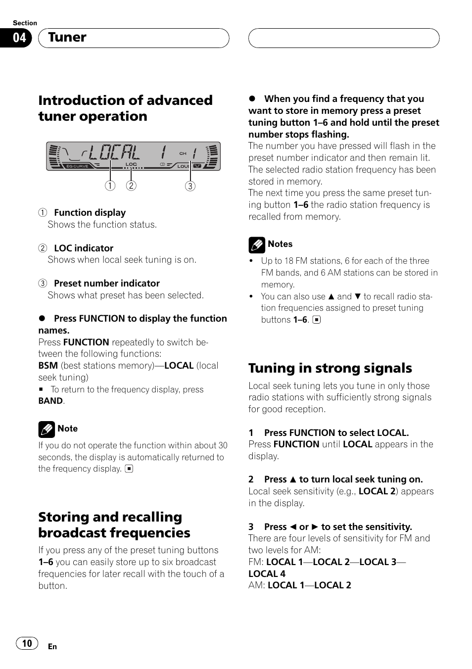 Introduction of advanced tuner, Operation 10, Storing and recalling broadcast | Frequencies 10, Tuning in strong signals 10, Introduction of advanced tuner operation, Storing and recalling broadcast frequencies, Tuning in strong signals, Tuner | Pioneer Super Tuner III D DEH-P2550 User Manual | Page 10 / 96
