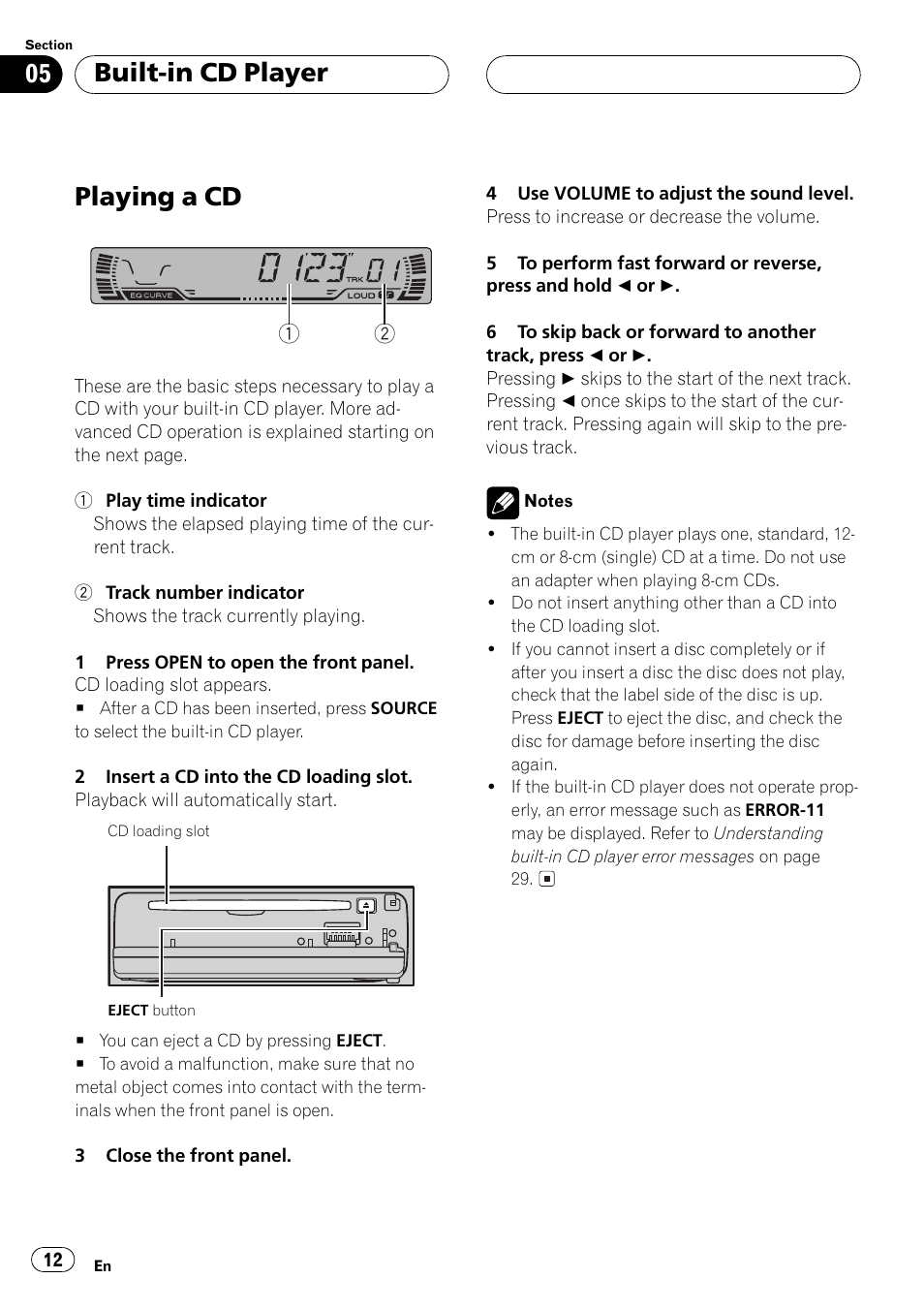 Built-in cd player playing a cd 12, Playing a cd, Built-in cd player | Pioneer Super Tuner III D DEH-P2550 User Manual | Page 12 / 96