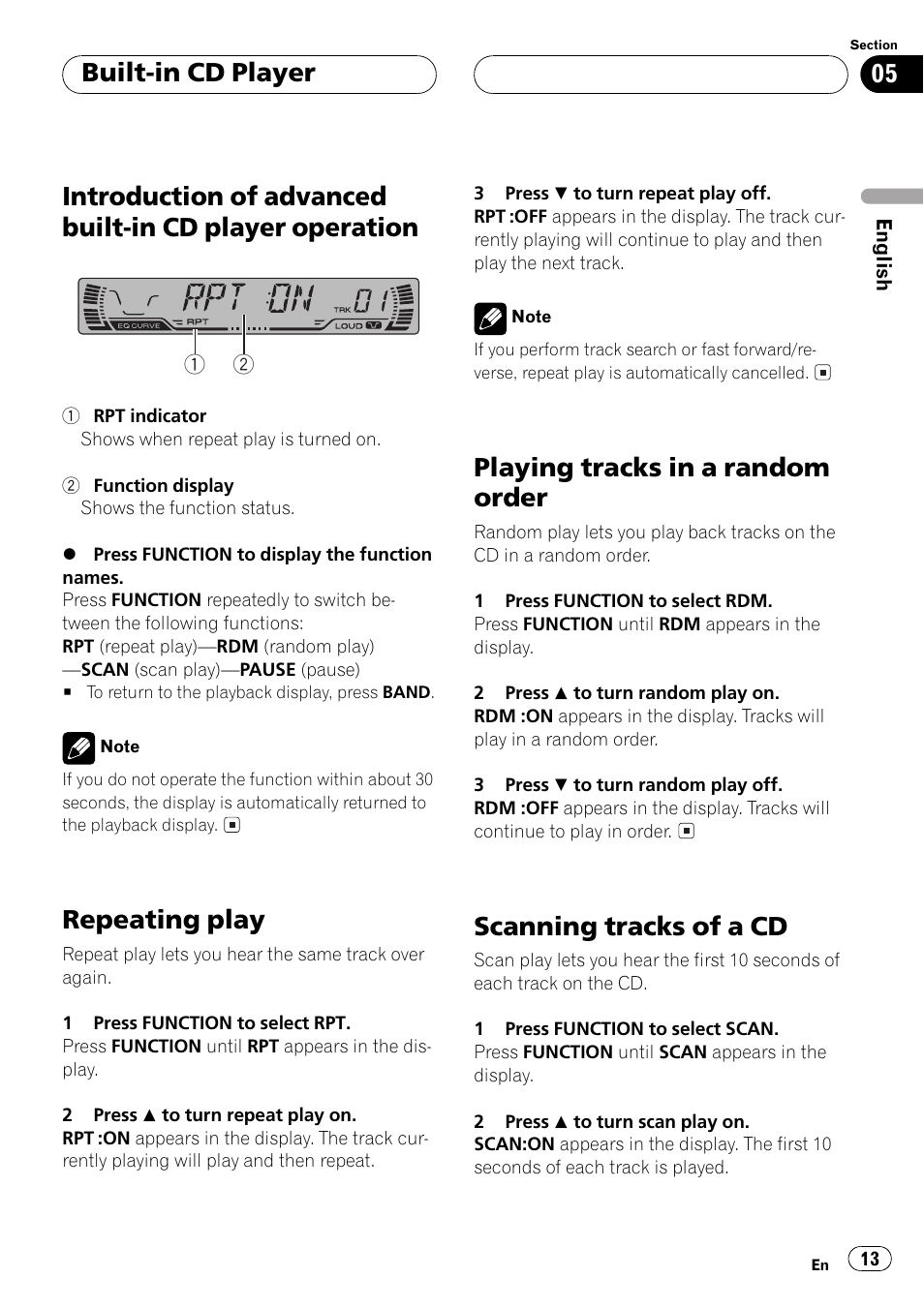 Introduction of advanced built-in cd player, Operation 13, Repeating play | Playing tracks in a random order, Scanning tracks of a cd, Built-in cd player | Pioneer Super Tuner III D DEH-P2550 User Manual | Page 13 / 96