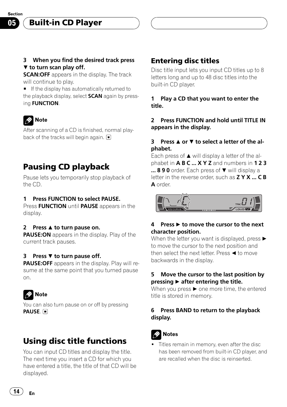 Entering disc titles 14, Pausing cd playback, Using disc title functions | Built-in cd player, Entering disc titles | Pioneer Super Tuner III D DEH-P2550 User Manual | Page 14 / 96