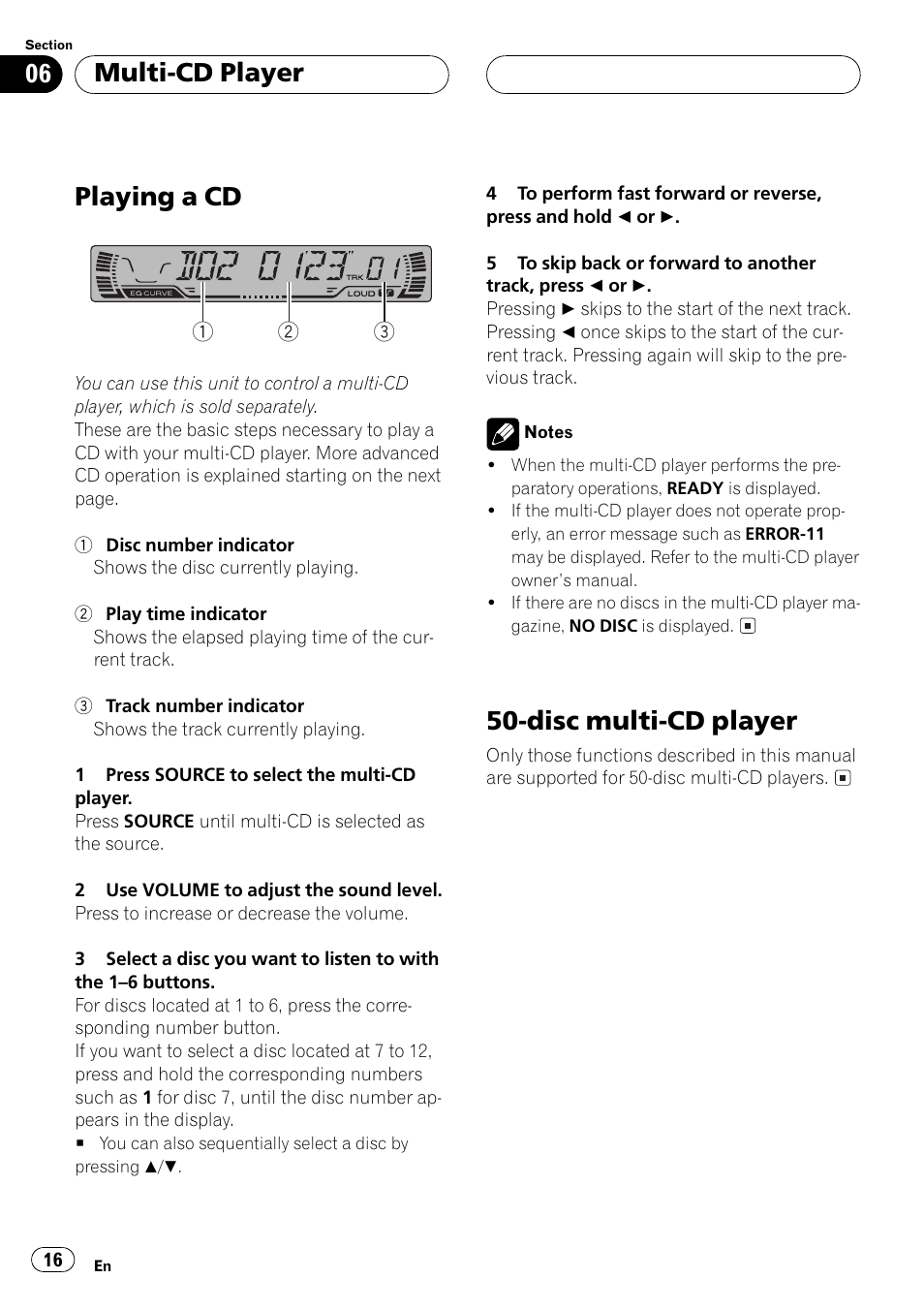 Playing a cd, Disc multi-cd player, Multi-cd player | Pioneer Super Tuner III D DEH-P2550 User Manual | Page 16 / 96