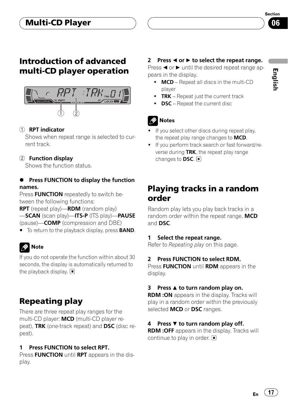 Introduction of advanced multi-cd player, Operation 17, Introduction of advanced multi-cd player operation | Repeating play, Playing tracks in a random order, Multi-cd player | Pioneer Super Tuner III D DEH-P2550 User Manual | Page 17 / 96