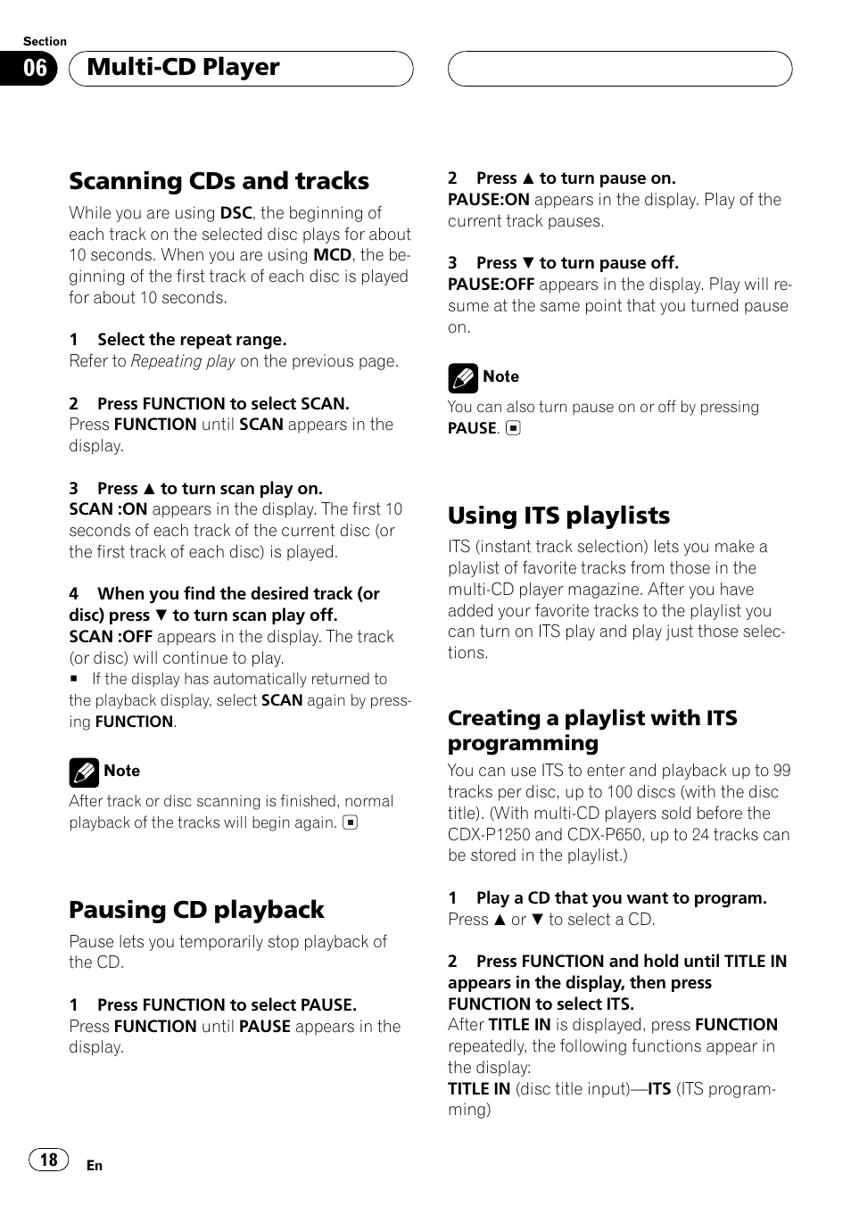 Creating a playlist with its, Programming 18, Scanning cds and tracks | Pausing cd playback, Using its playlists, Multi-cd player | Pioneer Super Tuner III D DEH-P2550 User Manual | Page 18 / 96
