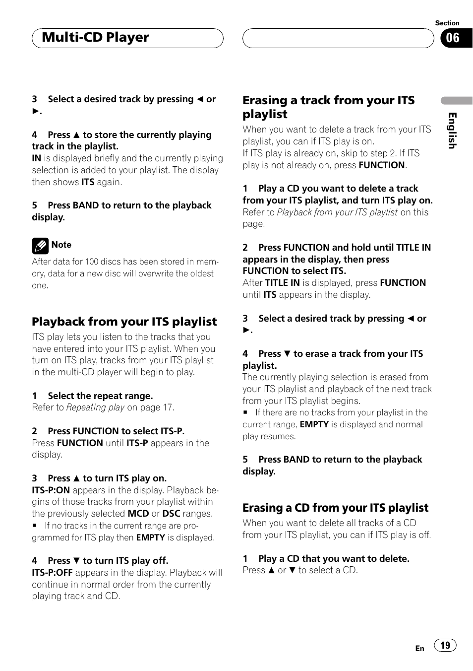 Playback from your its playlist 19, Erasing a track from your its, Playlist 19 | Erasing a cd from your its, Multi-cd player, Playback from your its playlist, Erasing a track from your its playlist, Erasing a cd from your its playlist | Pioneer Super Tuner III D DEH-P2550 User Manual | Page 19 / 96