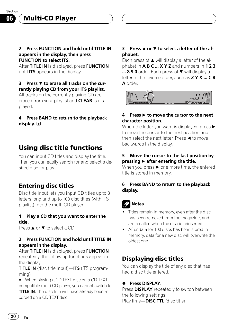 Using disc title functions 20, Entering disc titles 20, Displaying disc titles 20 | Using disc title functions, Multi-cd player, Entering disc titles, Displaying disc titles | Pioneer Super Tuner III D DEH-P2550 User Manual | Page 20 / 96