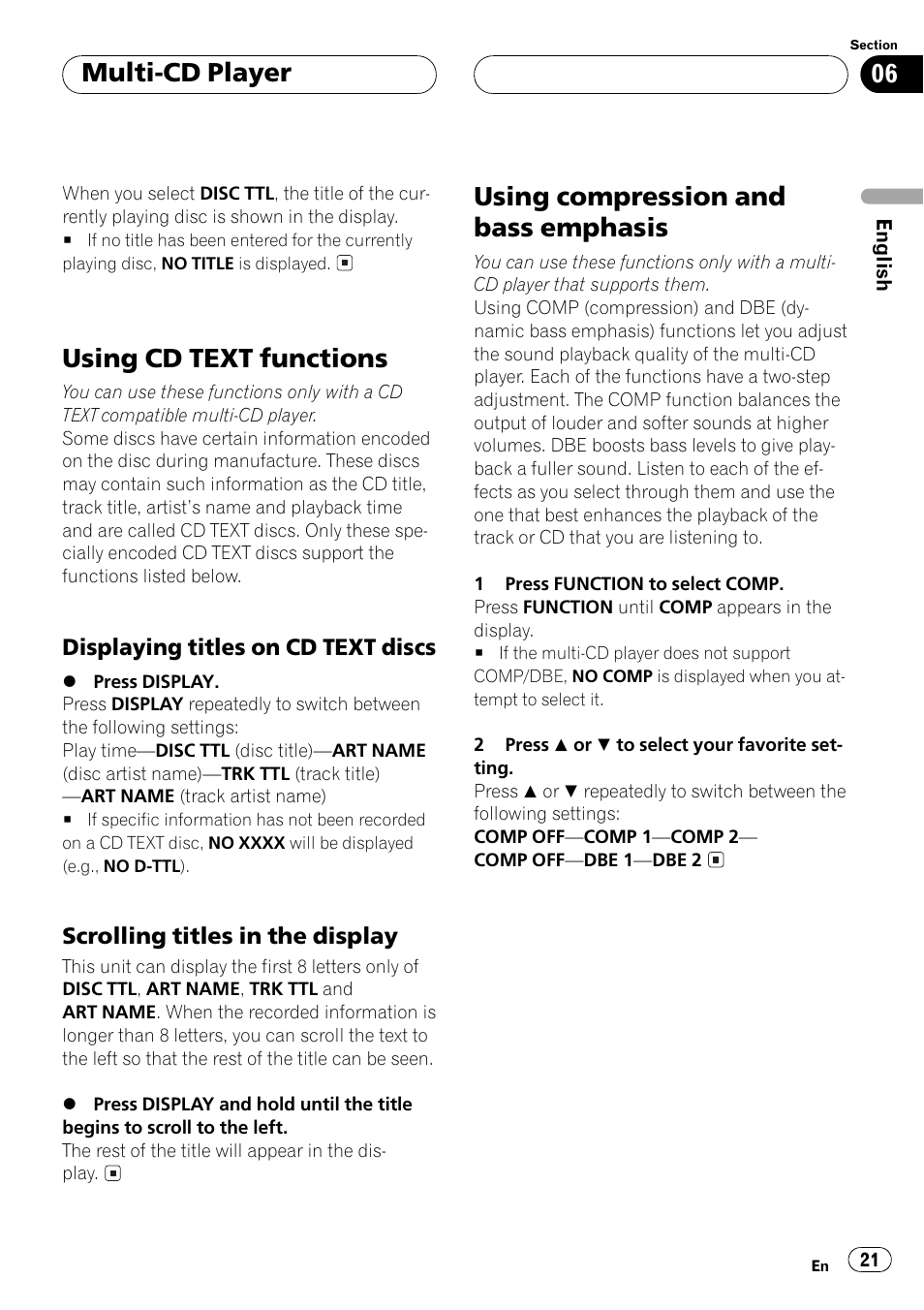 Using cd text functions 21, Displaying titles on cd text, Discs 21 | Scrolling titles in the display 21, Using compression and bass emphasis 21, Using cd text functions, Using compression and bass emphasis, Multi-cd player | Pioneer Super Tuner III D DEH-P2550 User Manual | Page 21 / 96