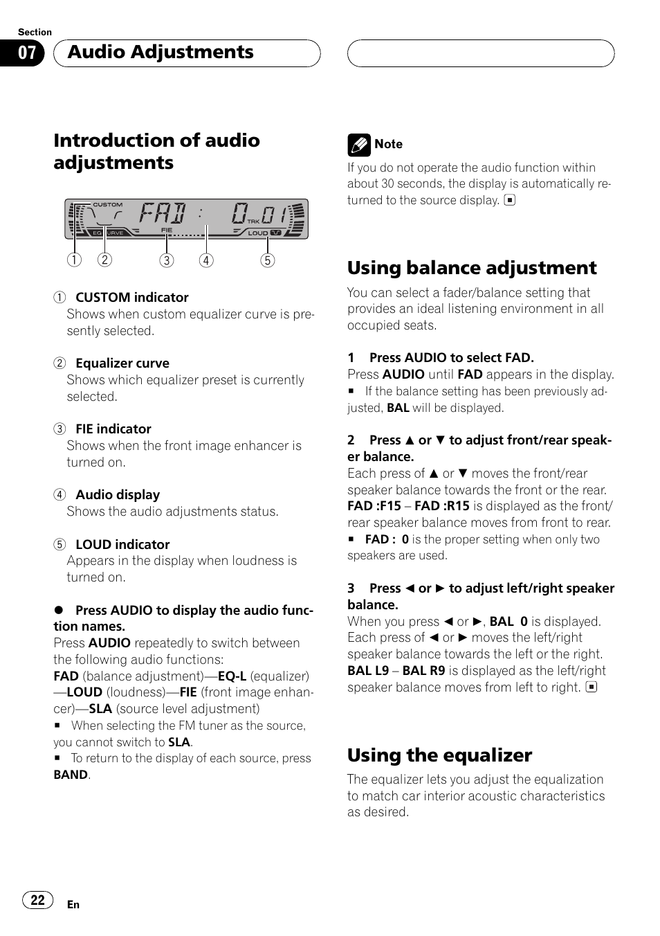 Introduction of audio adjustments, Using balance adjustment, Using the equalizer | Audio adjustments | Pioneer Super Tuner III D DEH-P2550 User Manual | Page 22 / 96