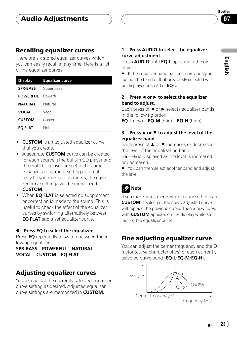 Recalling equalizer curves 23, Adjusting equalizer curves 23, Fine adjusting equalizer curve 23 | Audio adjustments, Recalling equalizer curves, Adjusting equalizer curves, Fine adjusting equalizer curve | Pioneer Super Tuner III D DEH-P2550 User Manual | Page 23 / 96