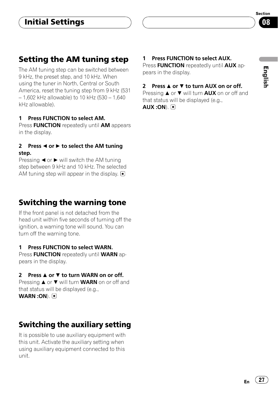Setting the am tuning step, Switching the warning tone, Switching the auxiliary setting | Initial settings | Pioneer Super Tuner III D DEH-P2550 User Manual | Page 27 / 96