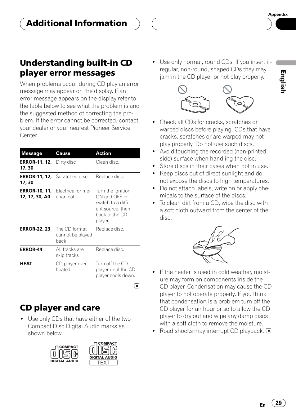 Messages 29, Cd player and care 29, Understanding built-in cd player error messages | Cd player and care, Additional information | Pioneer Super Tuner III D DEH-P2550 User Manual | Page 29 / 96
