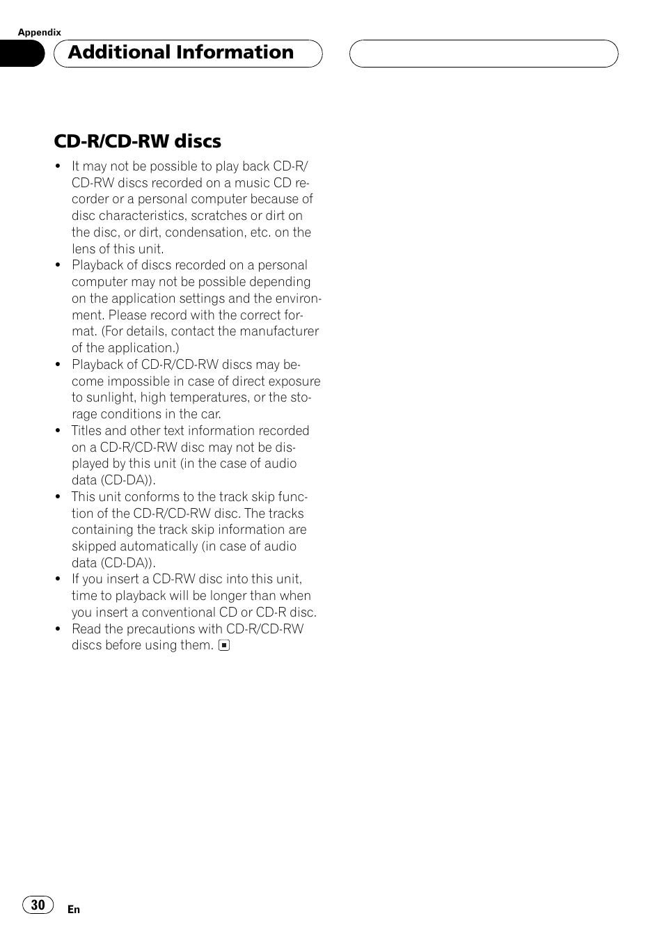 Cd-r/cd-rw discs 30, Cd-r/cd-rw discs, Additional information | Pioneer Super Tuner III D DEH-P2550 User Manual | Page 30 / 96