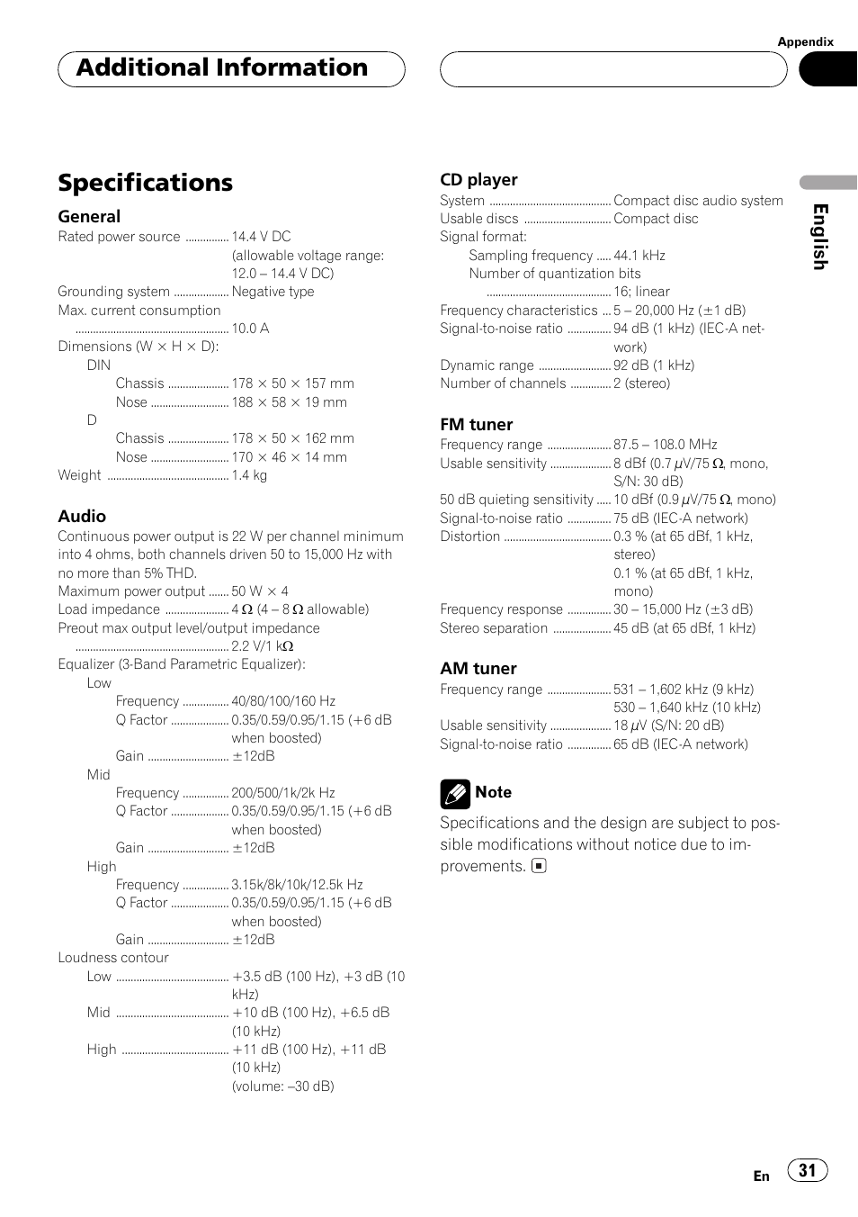 Specifications 31, Specifications, Additional information | English | Pioneer Super Tuner III D DEH-P2550 User Manual | Page 31 / 96