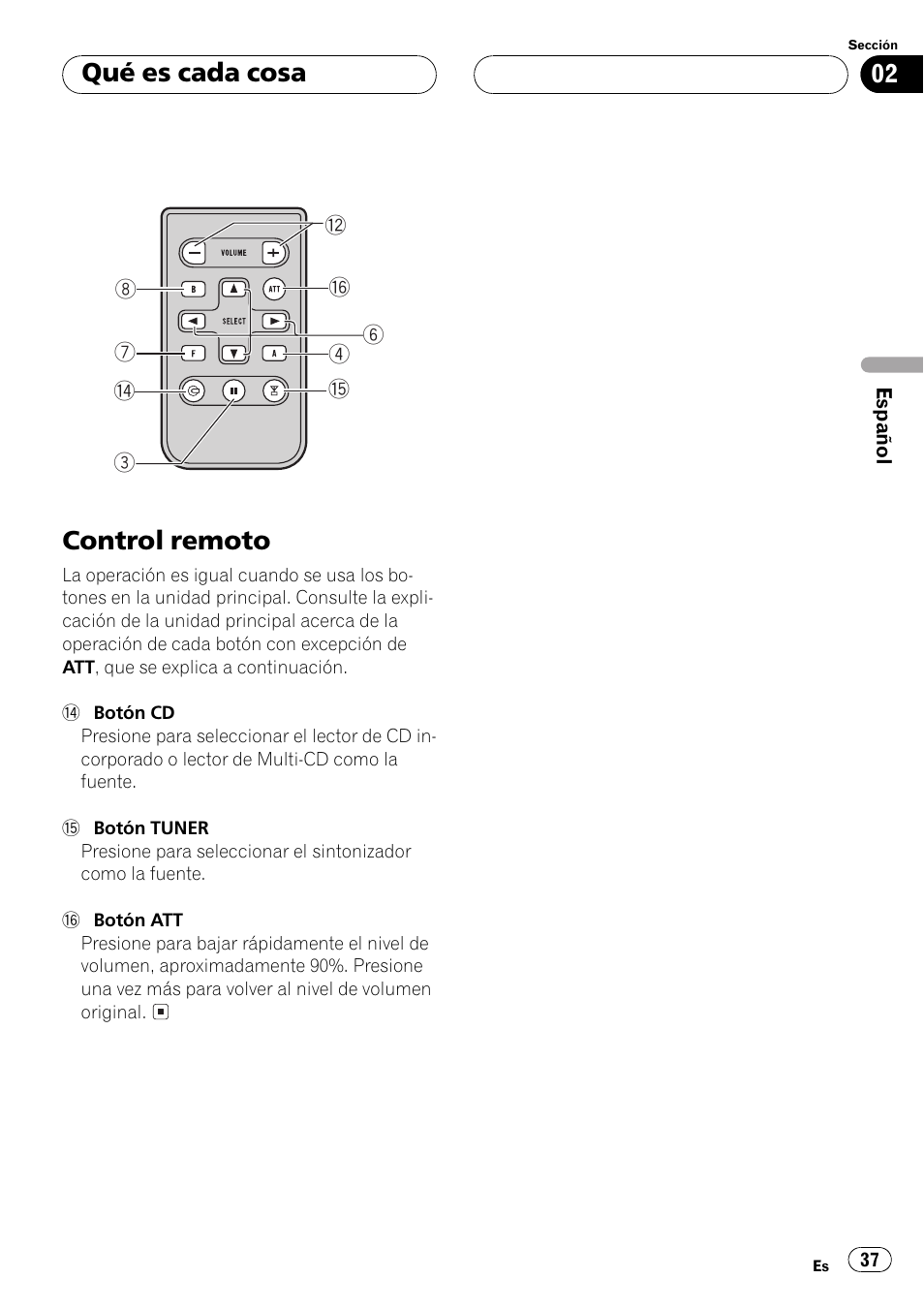 Control remoto 37, Control remoto, Qué es cada cosa | Pioneer Super Tuner III D DEH-P2550 User Manual | Page 37 / 96