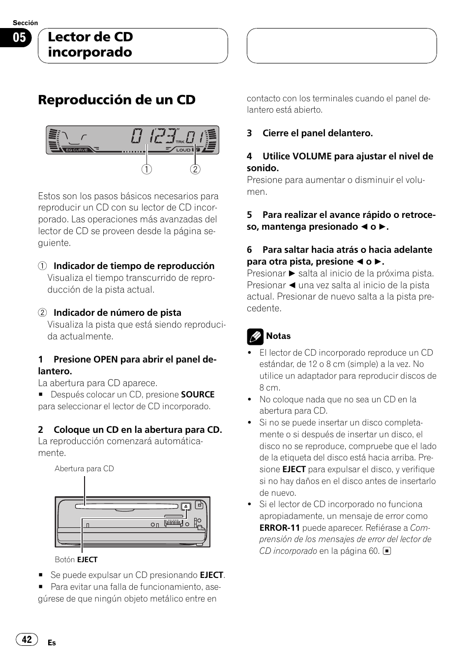 Lector de cd incorporado, Reproducción de un cd 42, Reproducción de un cd | Pioneer Super Tuner III D DEH-P2550 User Manual | Page 42 / 96