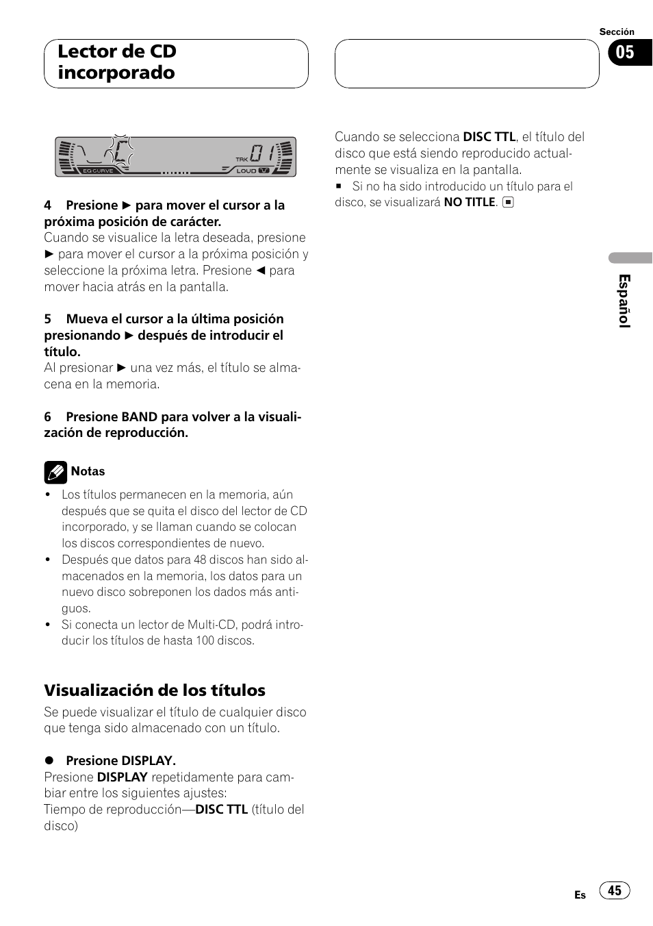 Visualización de los títulos 45, Lector de cd incorporado, Visualización de los títulos | Pioneer Super Tuner III D DEH-P2550 User Manual | Page 45 / 96